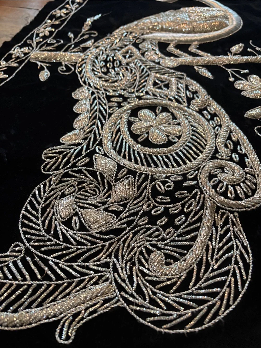 Embroidered Peacock Wall Hanging in Silver on Black